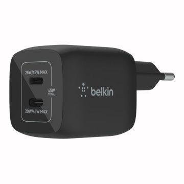 Cargador De Pared Belkin Wch011vfbk Doble Usb-c Gan Boost Charge Pro 45w (25w+20w) Negro