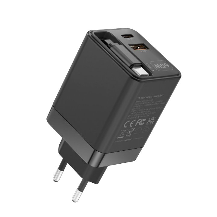 Cargador Usb Gan Mars Gaming Md-gan65r 65w 1xusb-c 1xusb-a Cable Retractil Pd Color Negro