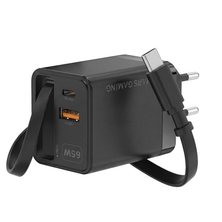 Cargador Usb Gan Mars Gaming Md-gan65r 65w 1xusb-c 1xusb-a Cable Retractil Pd Color Negro