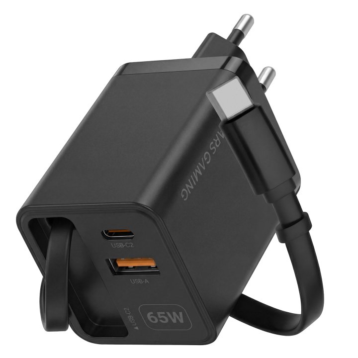 Cargador Usb Gan Mars Gaming Md-gan65r 65w 1xusb-c 1xusb-a Cable Retractil Pd Color Negro