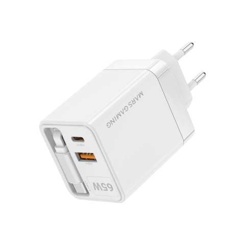 Cargador Usb Gan Mars Gaming Md-gan65rw 65w 1xusb-c 1xusb-a Cable Retractil Pd Color Blanco