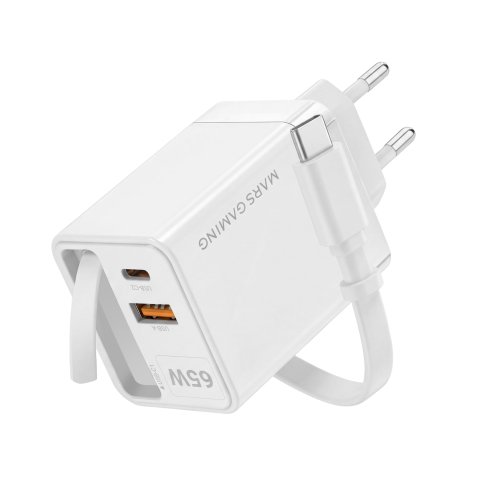 Cargador Usb Gan Mars Gaming Md-gan65rw 65w 1xusb-c 1xusb-a Cable Retractil Pd Color Blanco