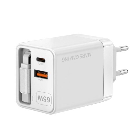 Cargador Usb Gan Mars Gaming Md-gan65rw 65w 1xusb-c 1xusb-a Cable Retractil Pd Color Blanco