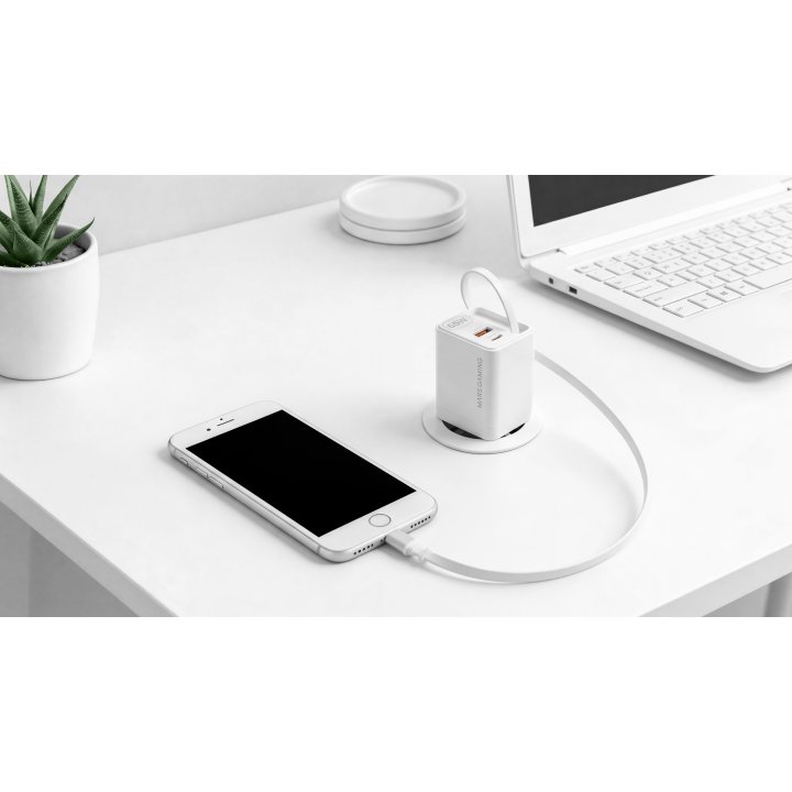 Cargador Usb Gan Mars Gaming Md-gan65rw 65w 1xusb-c 1xusb-a Cable Retractil Pd Color Blanco