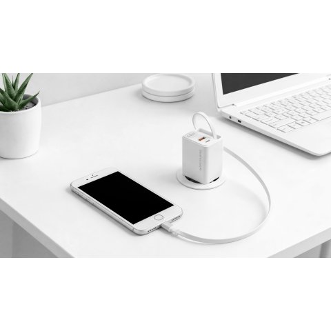 Cargador Usb Gan Mars Gaming Md-gan65rw 65w 1xusb-c 1xusb-a Cable Retractil Pd Color Blanco