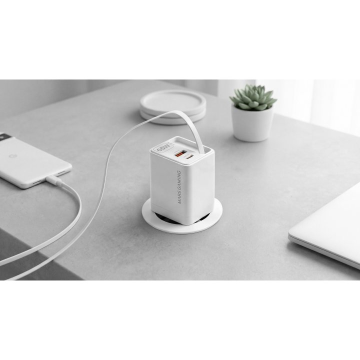 Cargador Usb Gan Mars Gaming Md-gan65rw 65w 1xusb-c 1xusb-a Cable Retractil Pd Color Blanco